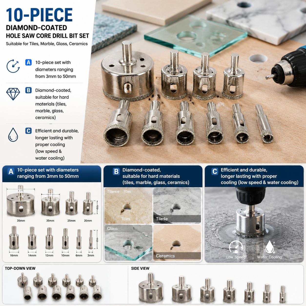 Reciprocating Saw Attachment Drill - مجموعة رؤوس حفر ماسية مطلية 10