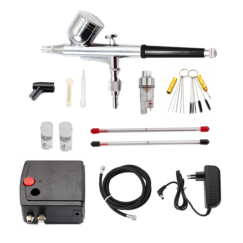 بخاخة مسدس رش مزدوج الحركة مع  - مراجعة Airbrush Kit With Mini Compressor وسعره